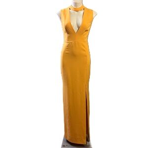 Sandy LaPointe long yellow v-neck dress choker collar